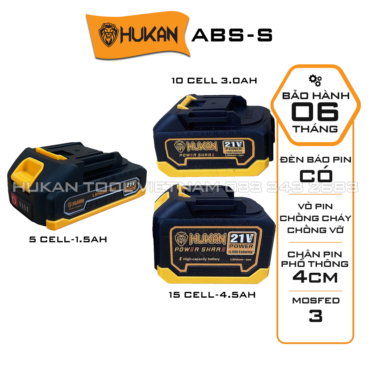 Pin Hukan 5 cell, 10 cell, 15 cell Mạch 3 mosfed chống cháy chịu tải cao Vỏ nhựa chống va đập chân pin phổ thông 4cm