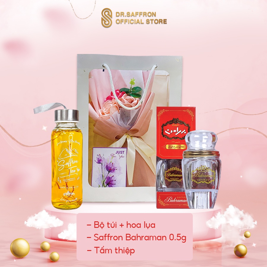Túi quà tặng Nhụy hoa nghệ tây thương hiệu Saffron gồm Saffron Bahraman và hoa - món quà ý nghĩa tặng người thân