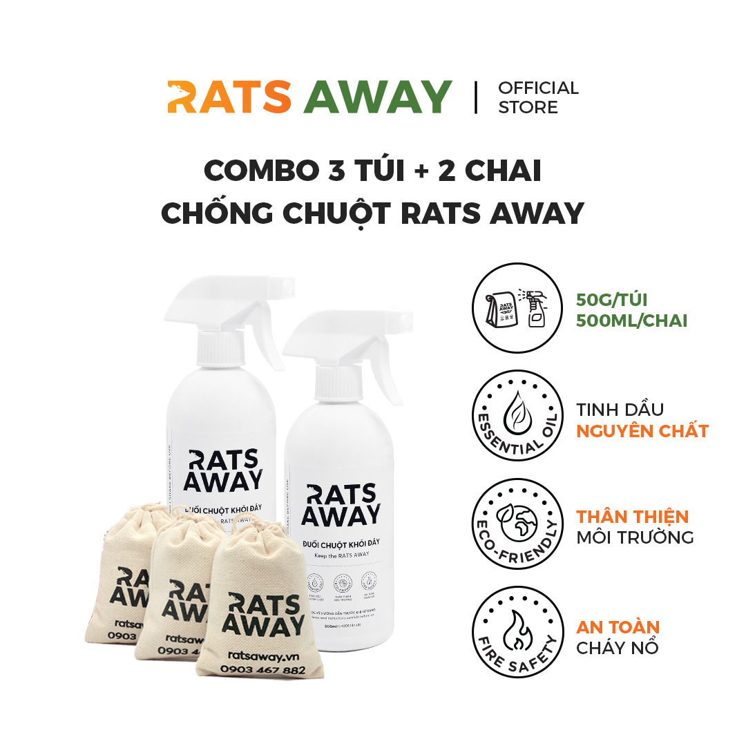 Combo đuổi & chống chuột: 2 chai xịt + 3 túi treo rats away