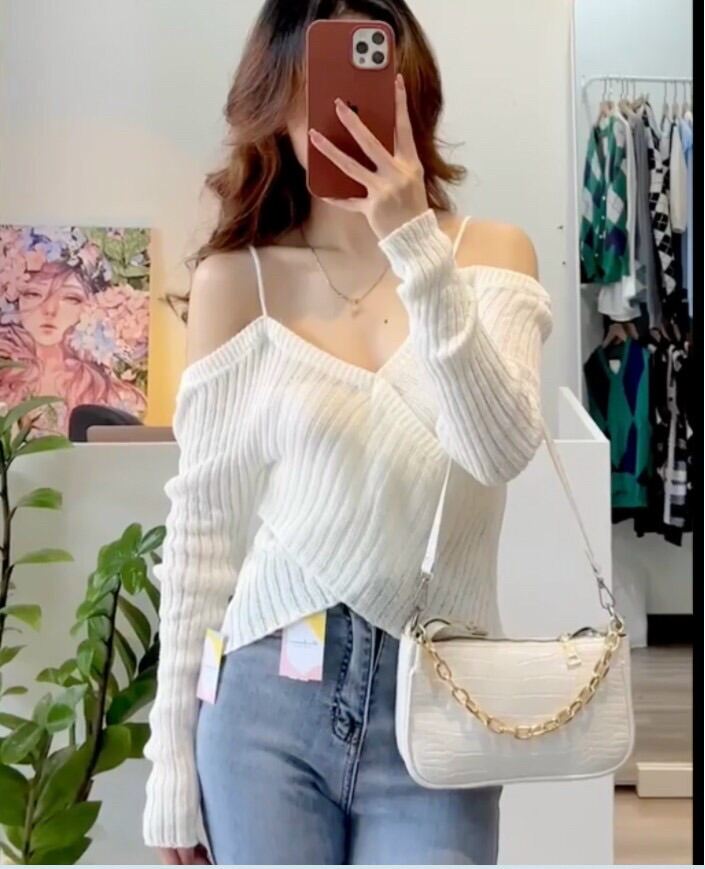 Áo len nữ dài tay cách điệu trễ vai vạt bắt chéo mix 2 dây