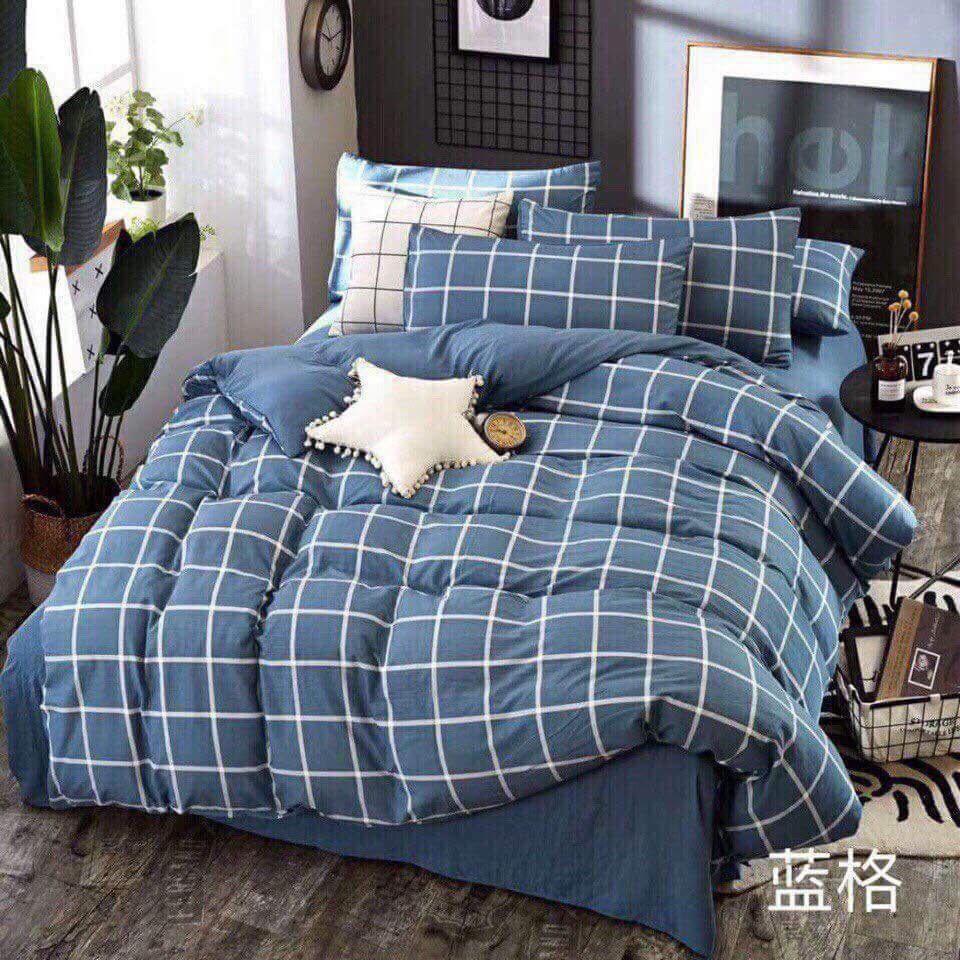 Bộ chăn ga gối caro xanh chất đũi + ruột chăn hè.