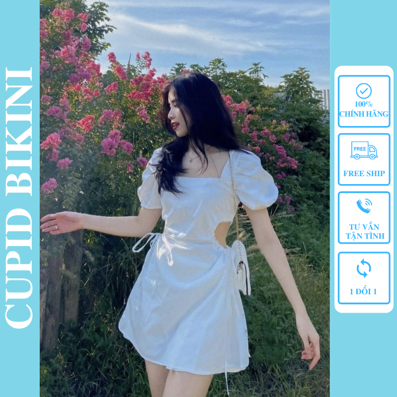 Váy cổ vuông tay phồng khoét eo dáng xòe hở lưng full 3màu freesize