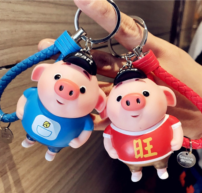 Móc khóa lợn con heo bát giới cute kèm dây da nhiều màu