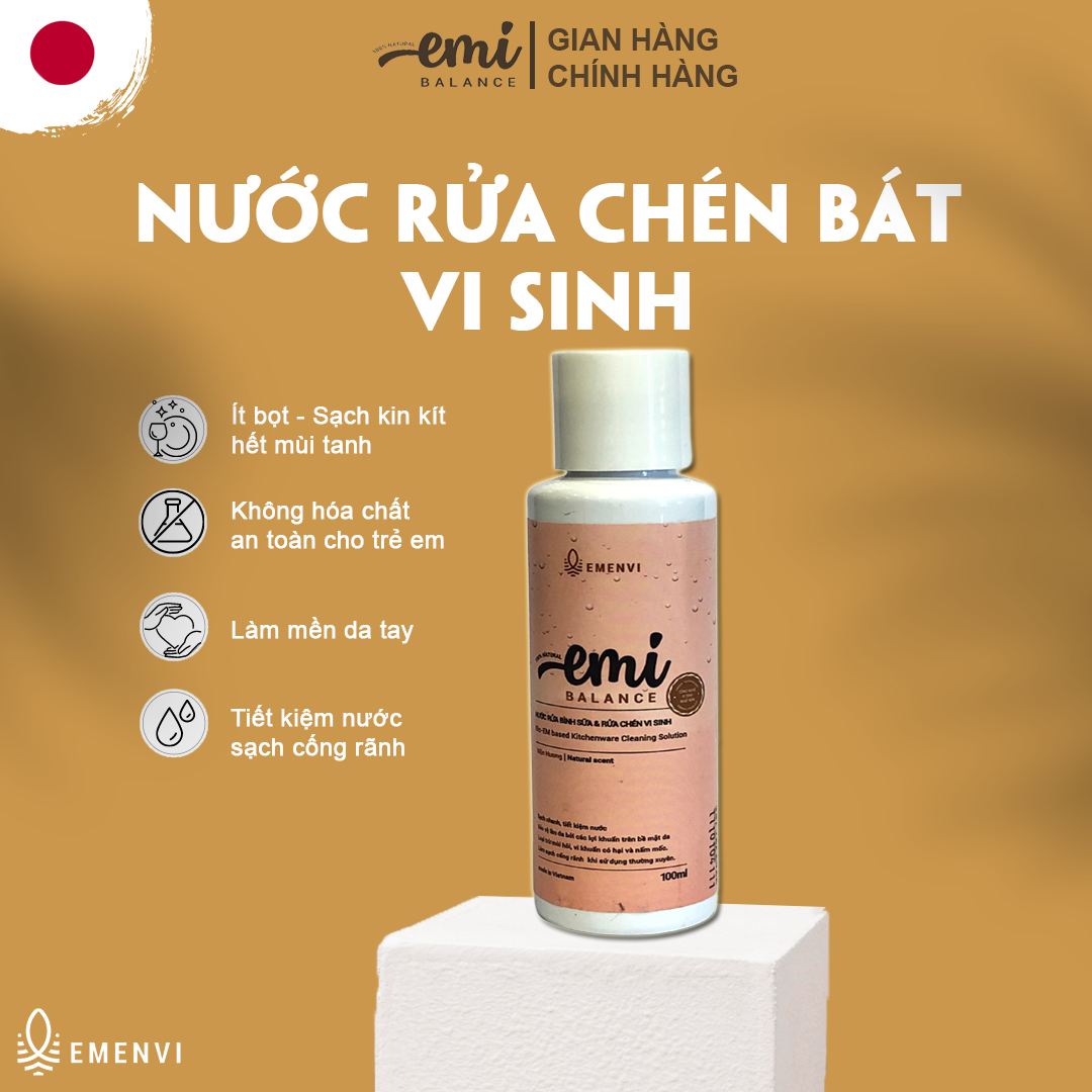 Nước rửa chén bát vi sinh Emi Balance an toàn cho người dùng không gây khô kích ứng da tay chai 100ml