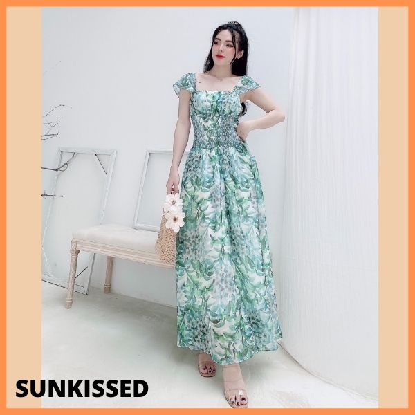 Váy maxi dáng dài, đầm maxi đi biển đẹp hoa xanh mát dịu mặc được 2 kiểu trễ vai và vai bảng sk56