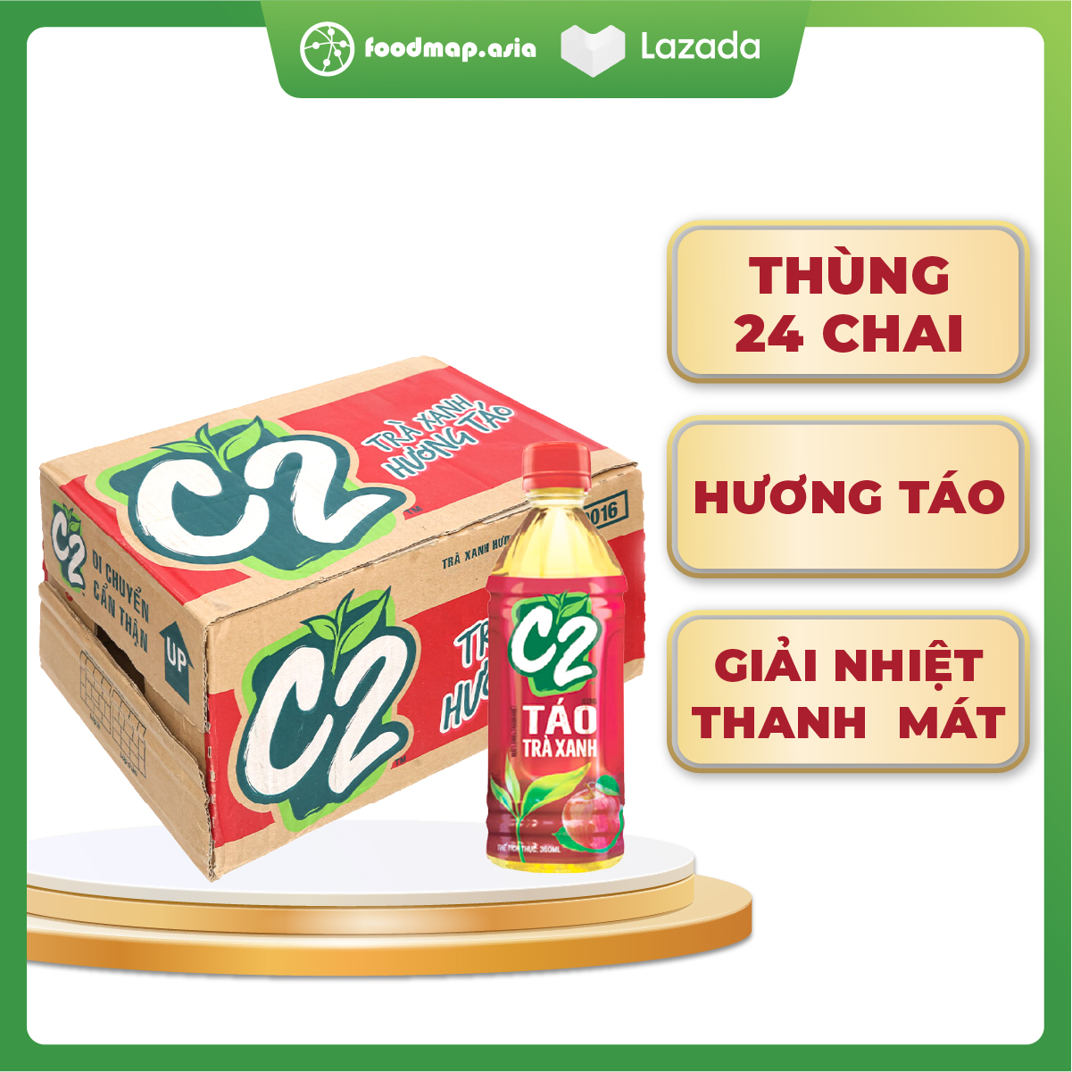 Thùng 24 chai trà xanh c2 hương táo - chai 355ml - giải khát thanh nhiệt - foodmap