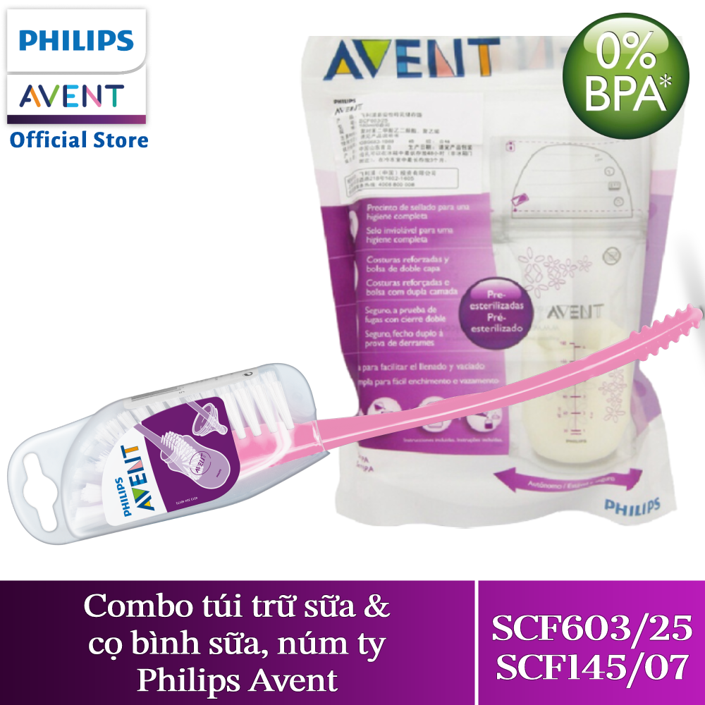 Philips Avent Combo cọ bình sữa SCF145 07 & túi trữ sữa SCF603 25