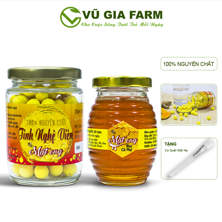 Combo Tinh Nghệ Viên Mật Ong + Mật Ong Hoa Cà Phê - Nguyên Chất Vũ Gia (100g/ml/hũ) + Tặng Cọ Quét Mặt Nạ - Hỗ trợ đắp mặt nạ dưỡng da, tẩy tế bào chết, xóa mờ thâm nám tàn nhang