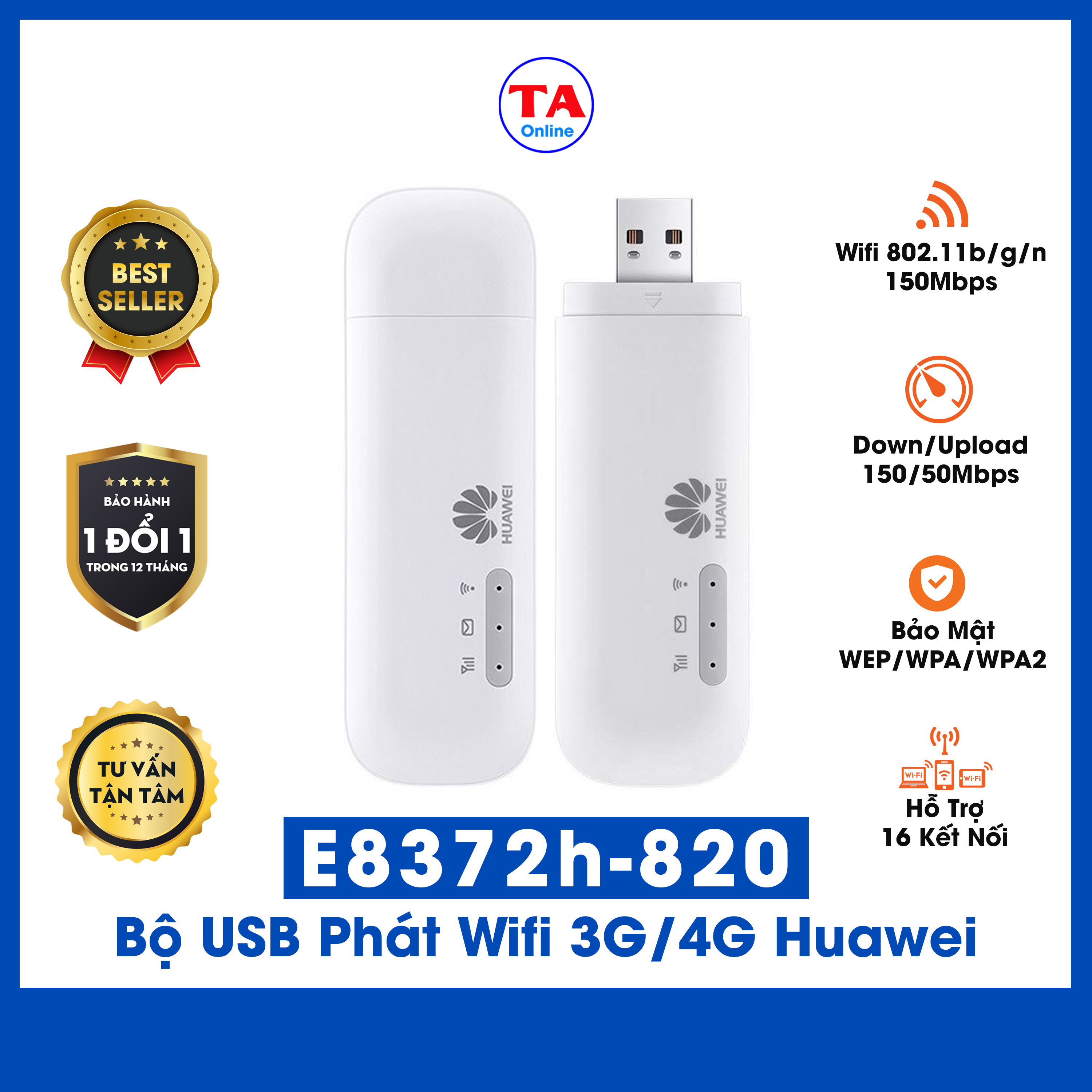 Usb phát wifi 3g/4g huawei e8372 tốc độ 150mbps hỗ trợ 10 user