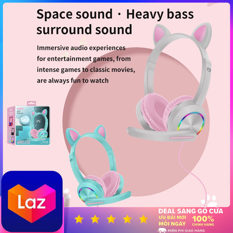 TAI NGHE  - Tai Nghe Chụp Tai Nghe Bluetooth Không Dây Âm Thanh Stereo Hình Mèo Akz-K23