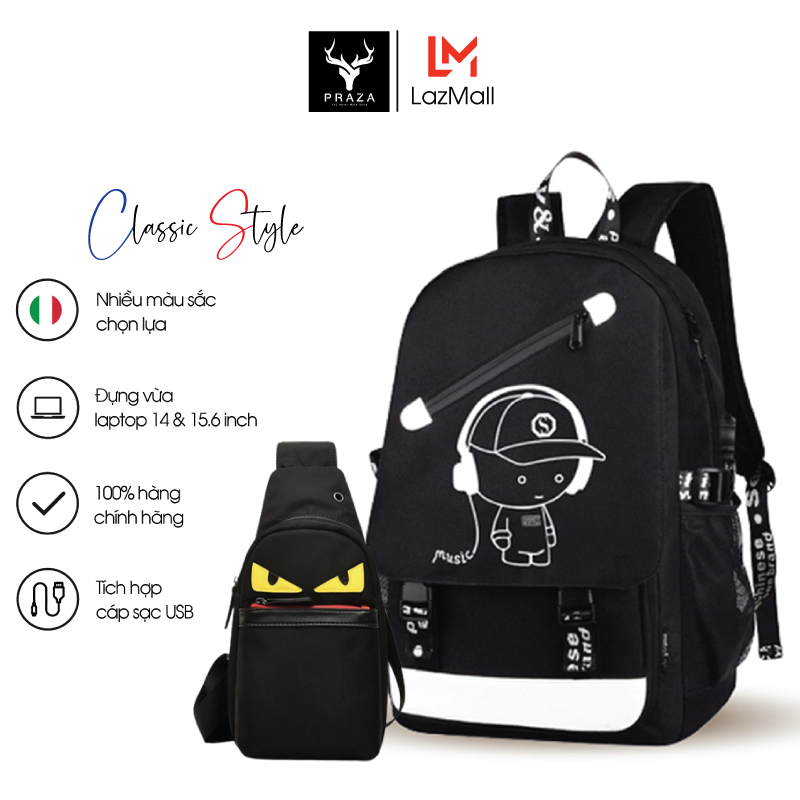 Combo Balo Unisex Hình BoyMusic Hoặc One Piece Có Cổng Sạc USB, Có Nhiều Ngăn, Đựng Được Laptop Và Túi Đeo Chéo Thời Trang Praza - BL176DC106