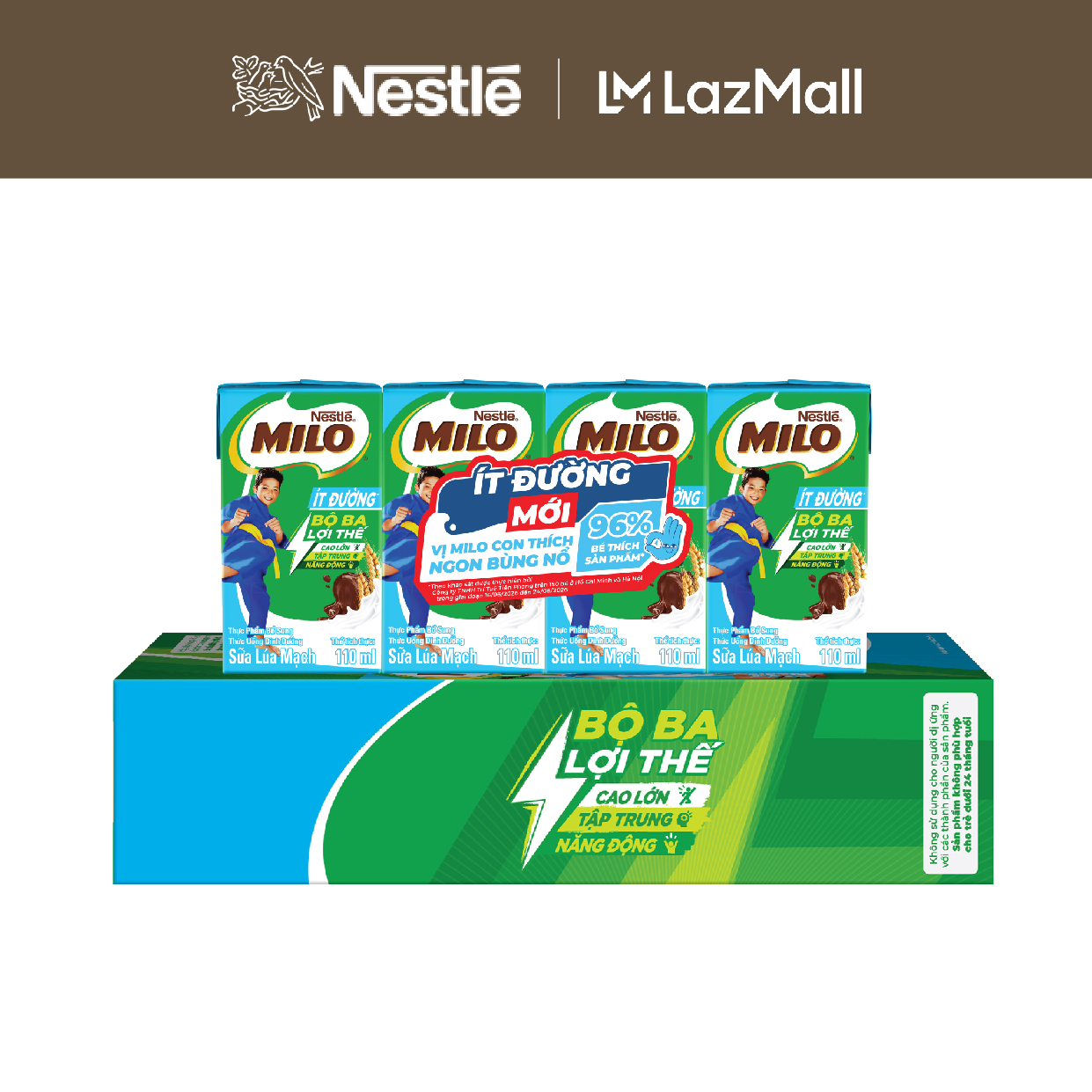 [TOÀN QUỐC] [Phiên bản ống hút 4 chiều] Thùng Sữa lúa mạch Nestle MILO ít đường dạng hộp 12 lốc x(4x110 ml)