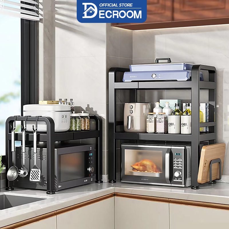 Decroom kệ lò vi sóng 2-3 tầng kệ nhà bếp đa năng kệ bếp để gia vị kích thước có thể điều chỉnh kệ để đồ gia đụng kệ lò nướng chất liệu thép carbon không han gỉ sơn đen tĩnh điện kệ tủ các tấm có thể tháo rời