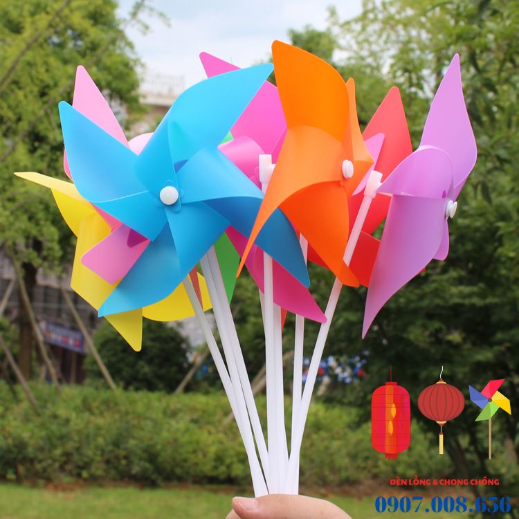 Combo 100 Chong chóng tay cầm 25cm -trang trí trường mầm non -chong chóng trang trí khu vui chơi -chong chóng 7 màu