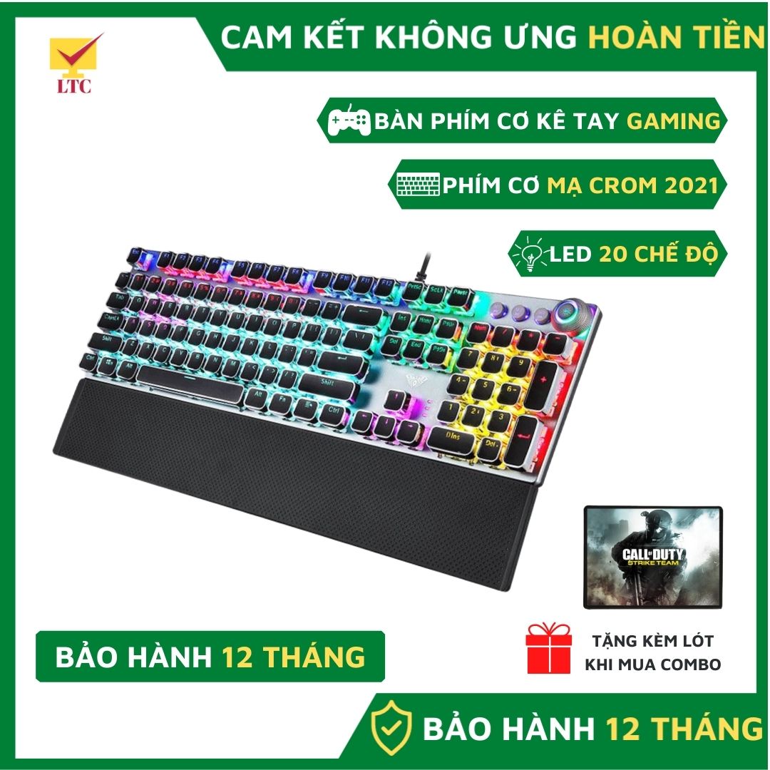 Bàn phím cơ máy tính có dây chơi game dành cho game thủ F2508 sử dụng trục cơ Blue Switch gõ phím cực đã, có 20 chế độ LED Rainbow cực đẹp, trang bị núm xoay chỉnh led và âm lượng, bàn kê tay lớn chống mỏi