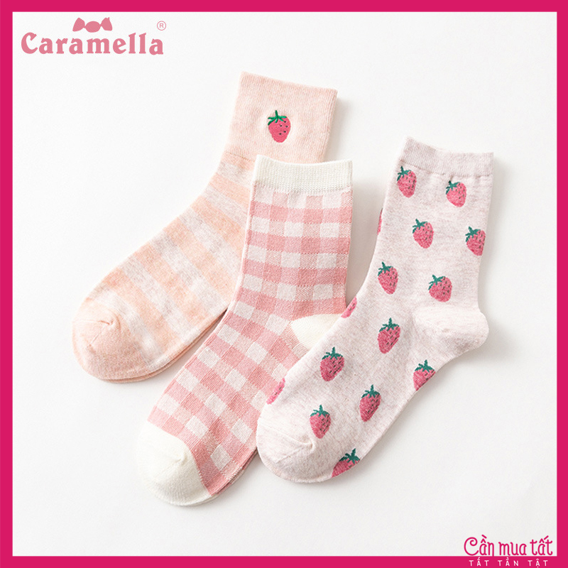 Tất Nữ Caramella Dâu Tây Set 3 Đôi Kèm Hộp Freesize