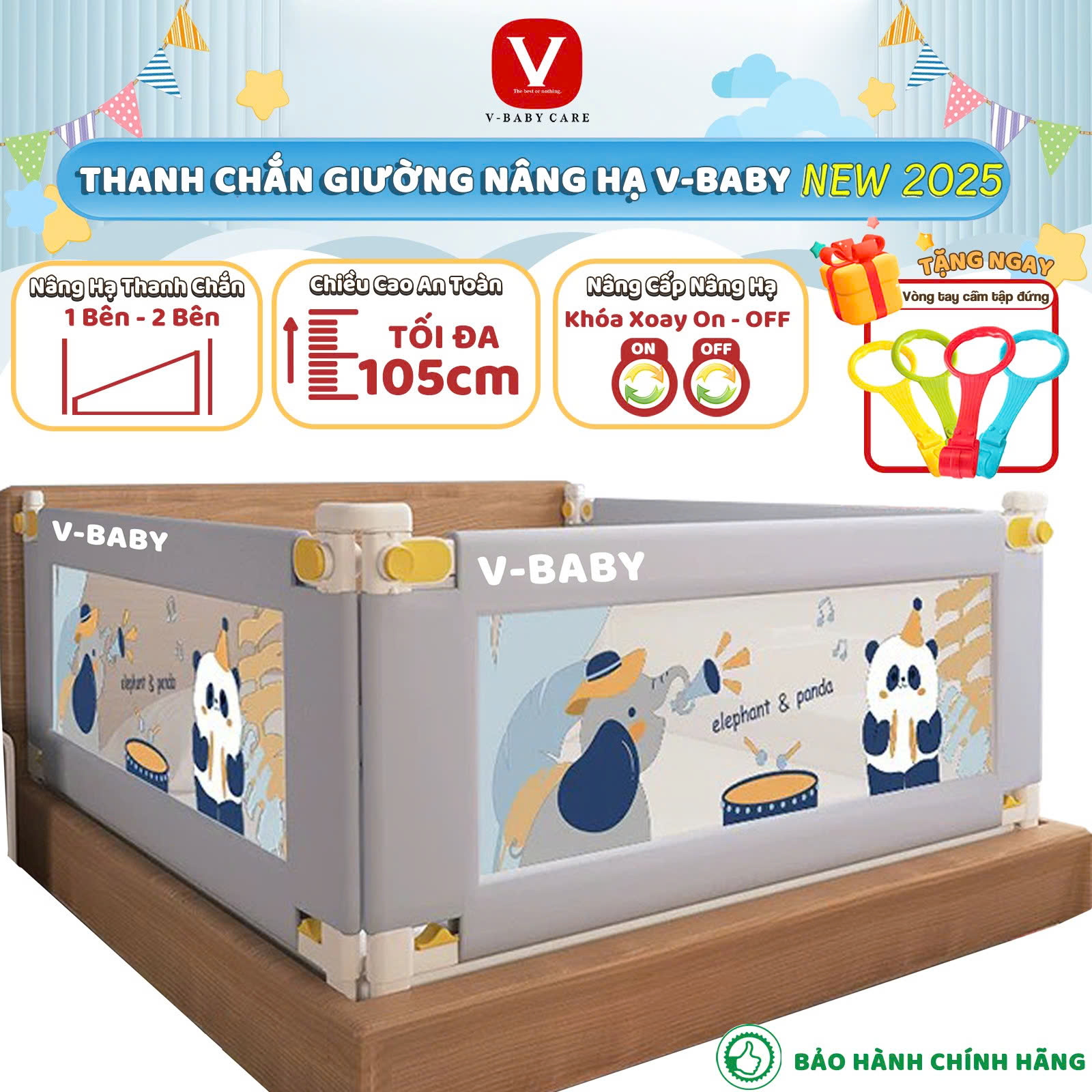 Thanh Chắn Giường Cho Bé V-BABY Nâng Hạ 1 Bên & Thanh Chắn Cao Cấp N2 1 Thanh Chắn 1 Mặt