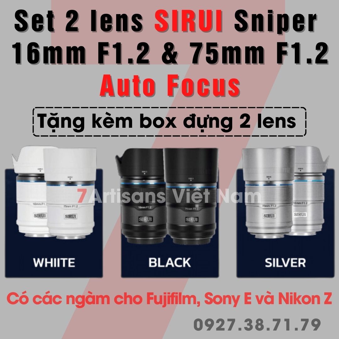 Set 2 lens SIRUI Sniper 16mm F1.2 và 75mm F1.2 Auto Focus Combo set 2 lens Sirui Sniper cho Fujiflim