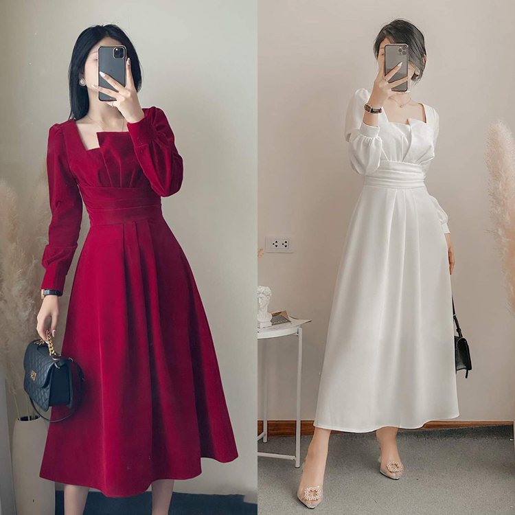 Đầm xòe nữ xếp ly eo cổ cách điệu tay phồng duyên dáng