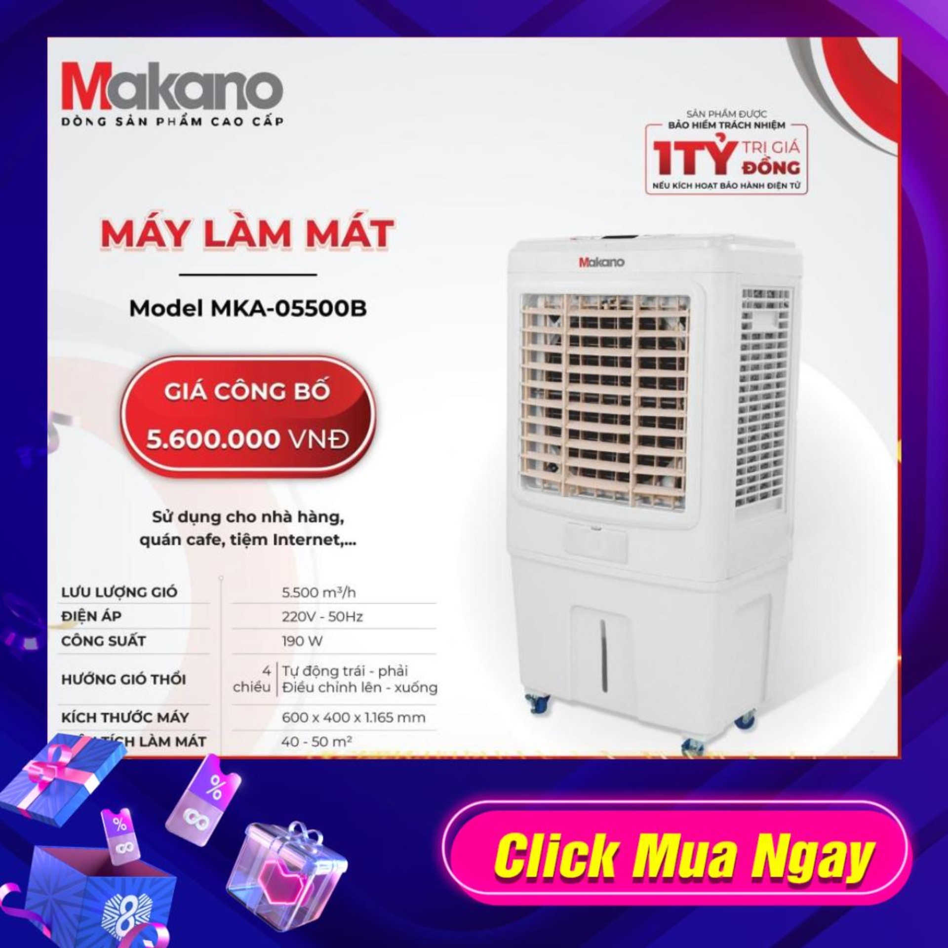 Quạt điều hòa hơi nước Máy làm mát không khí Makano MKA-05500B Dùng cho phòng khách nhà hàng quán ăn cafe tiệm internet hội trường tiệc cưới.