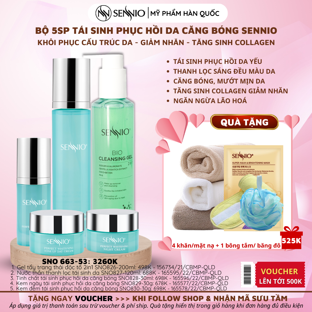 Bộ 5 sản phẩm kem dưỡng da tái sinh phục hồi da căng bóng Sennio chống lão hoá