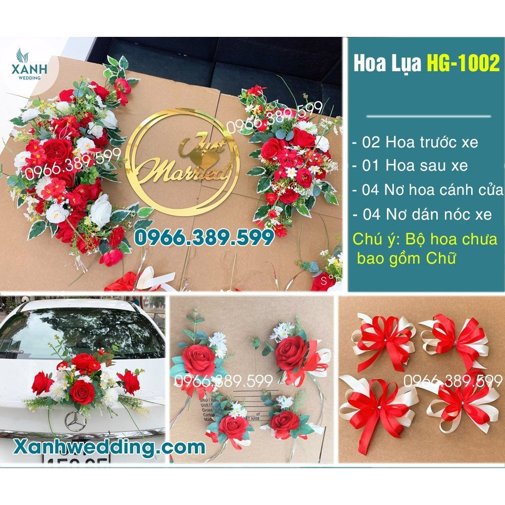 Hoa giả xe hoa, xe cưới, xe dâu, Trọn bộ: Hoa trước xe, hoa sau xe, nơ hoa cánh cửa, nơ nóc