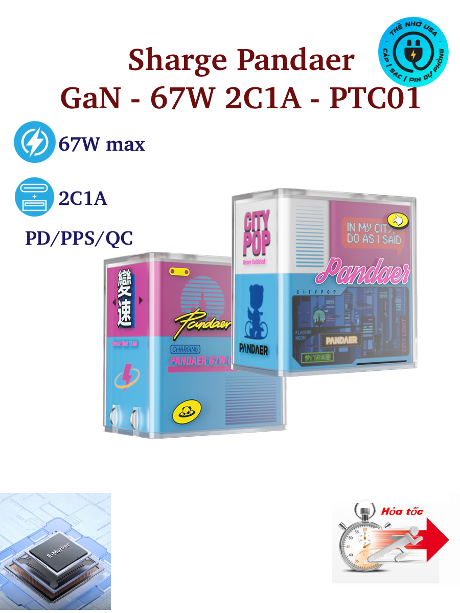 Củ sạc nhanh Sharge Pandaer PTC01 3 cổng (2C1A) 65W PD/PPS/QC BH12T
