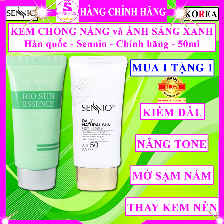 Kem chống nắng sennio chính hãng kem chống nắng sennio hàn quốc nắp vàng và xanh lá spf50 kcn sennio tone up kiềm dầu nâng tone da kem nền sno spf 50