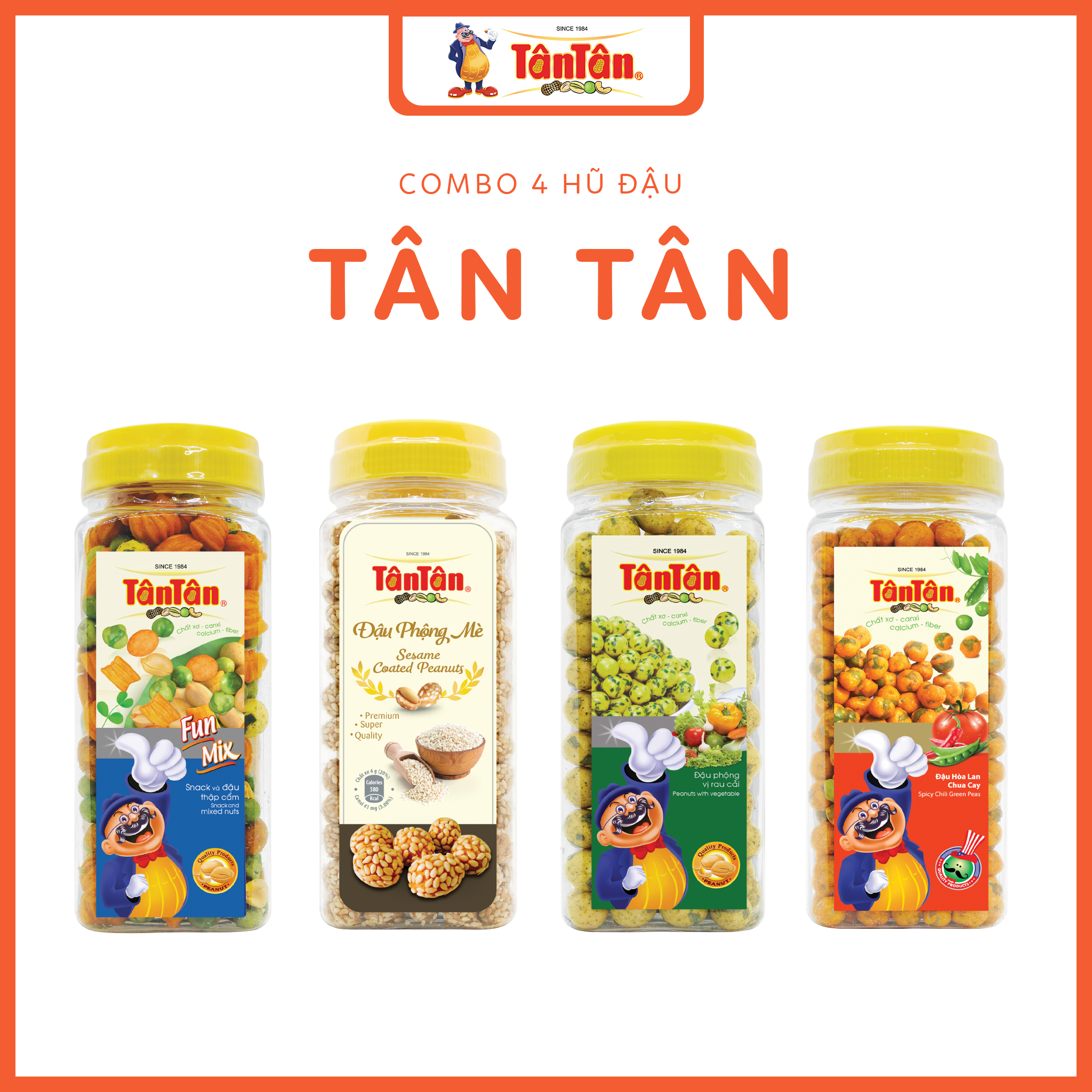 Combo 4 hũ đậu tân tân: mè trắng 240g, fumix 200g, rau cải 190g, hl chua cay 190g