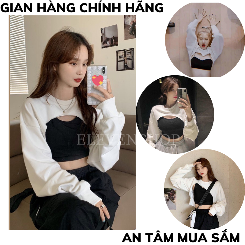 Set 3 món áo crt khoét ngực quần jogger rút gấu ulzzang/ Áo crt dài tay kèm áo 2 dây ôm body và quần ống rộng ,ELEVENSHOP,áo 2 dây ôm body nữ ,áo croptop ,quần bom ,quần ống rộng nữ ,sét bộ thể thao 3 món