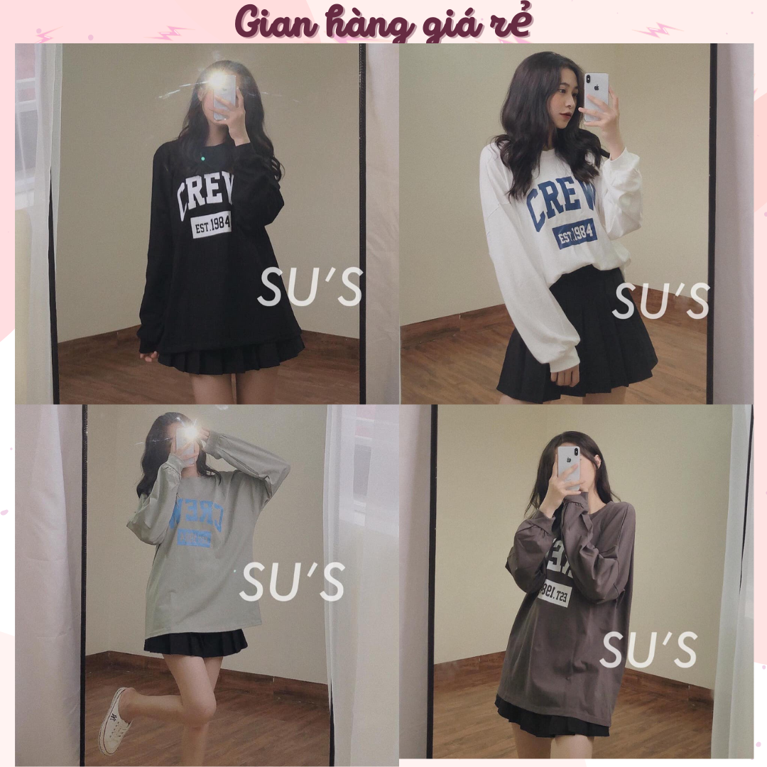 Áo thun thu đông CREW pull dài tay, tay bo phong cách basic nhiều màu Áo phông nữ pull dài tay form thụng