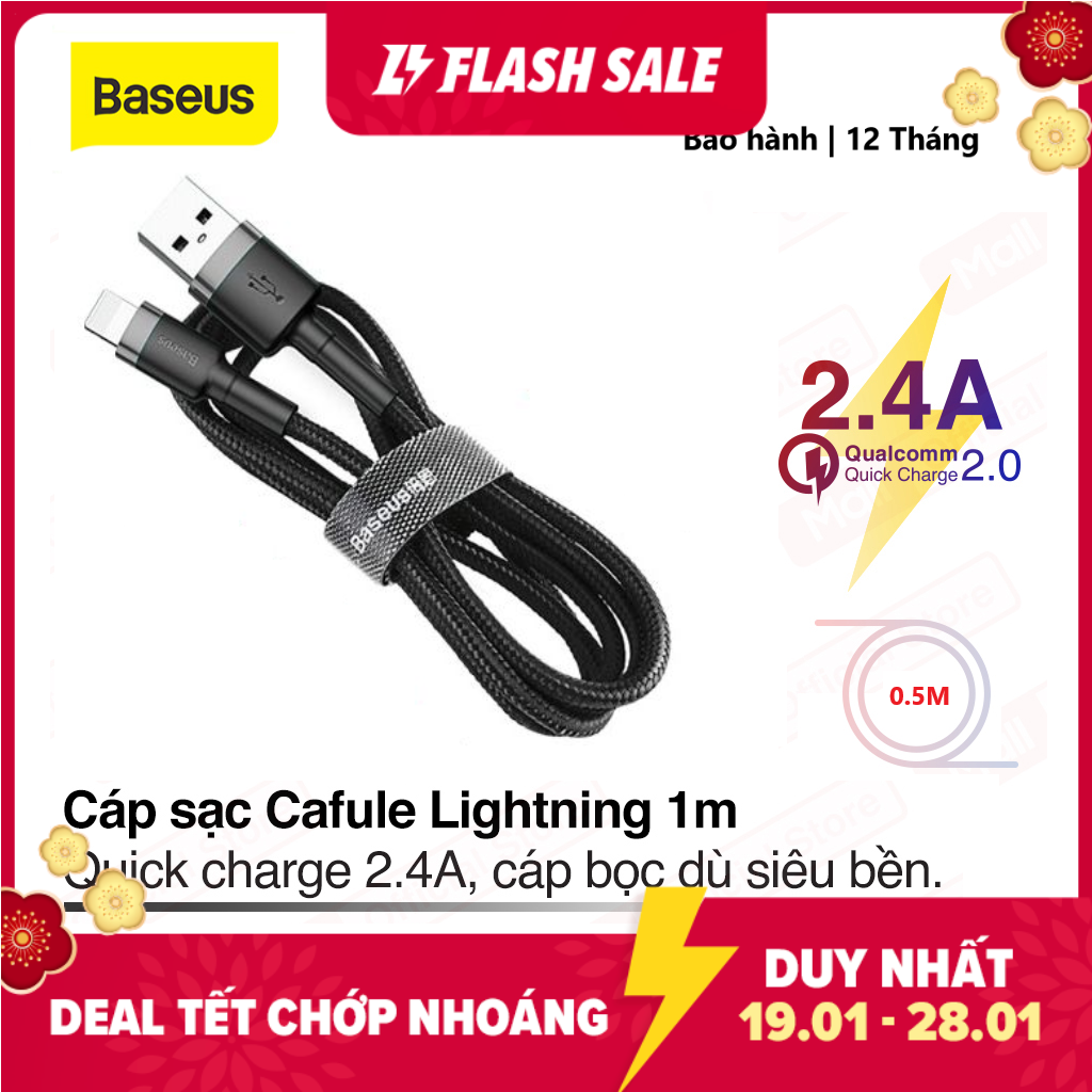 Cáp sạc Baseus sạc nhanh và truyền dữ liệu tốc độ cao Cafule Lightning dùng cho iPhone/ iPad 2,4A - Bảo hành 12 tháng, Sạc nhanh, Siêu bền