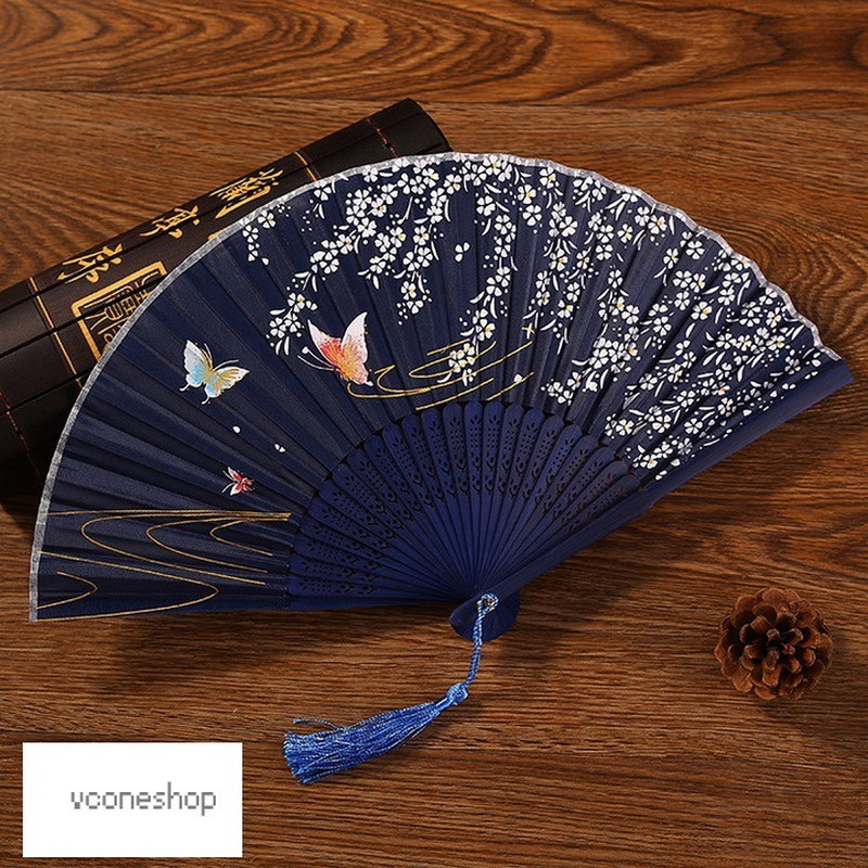 Quạt cổ trang dây tuyến ĐIỆP CẬN xếp cầm tay quà tặng xinh xắn phong cách Trung Quốc vải lụa