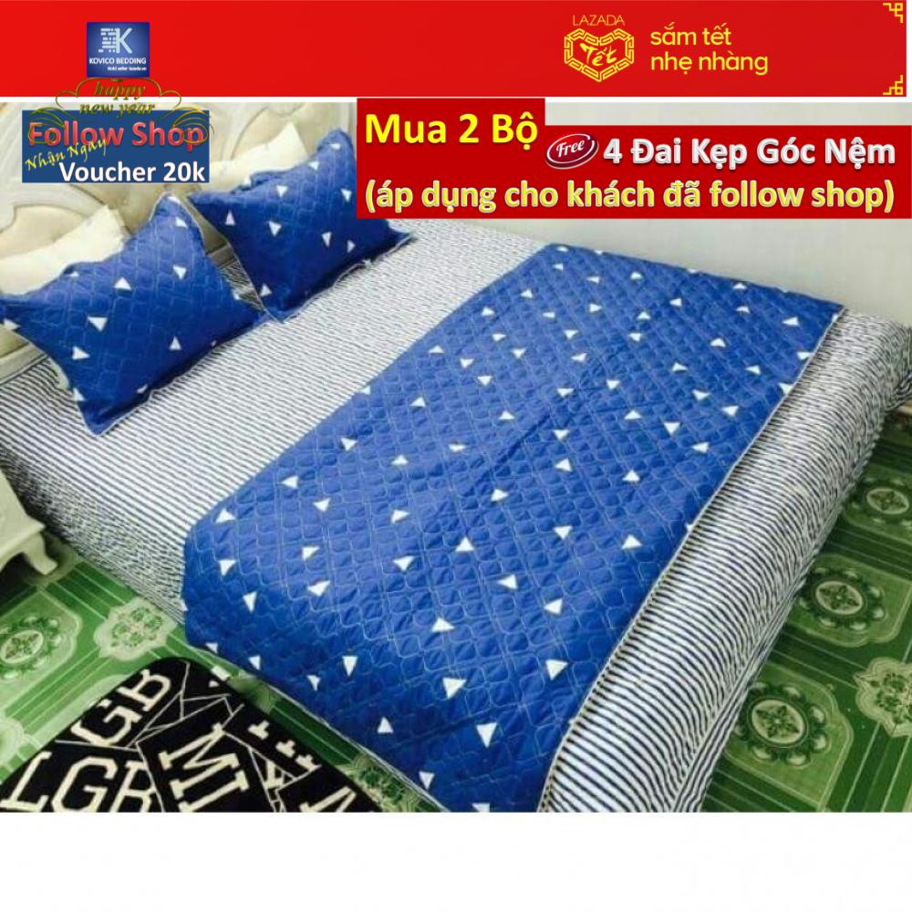 Bộ chăn ga gối kovico cotton free size tam giác xanh