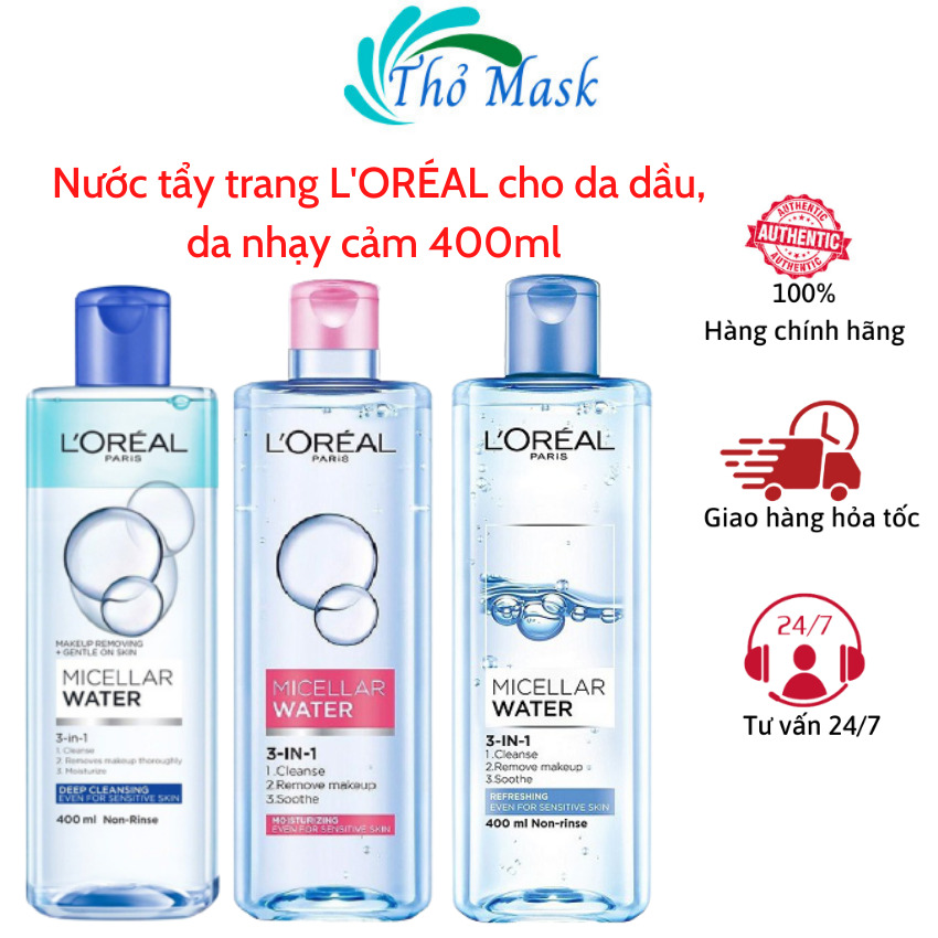 Nước tẩy trang loreal chính hãng 400ml. Nước tẩy trang cho da dầu mụn dưỡng ẩm sáng da. Thomask