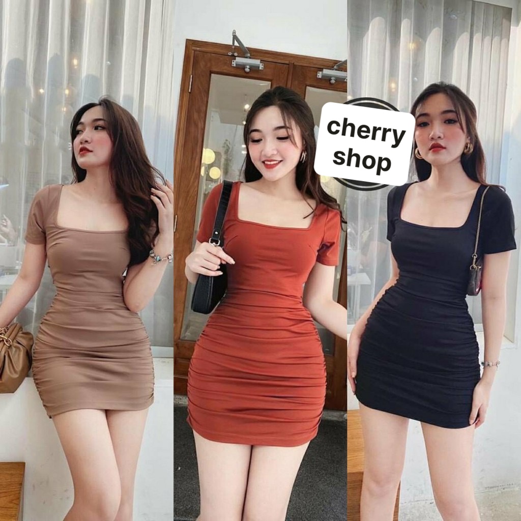 Đầm ôm body kiểu cổ vuông tay ngắn nhún sườn 2 bên, chất thun borip tôn dáng, free size dưới 56kg