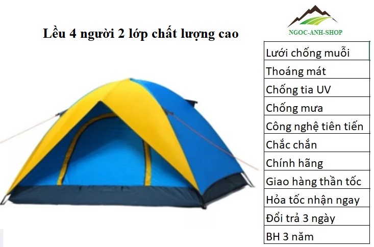 Lều trại chống mưa to gió lớn 2 lớp cho 4 người, lều 4 người 2 lóp chất lượng cao