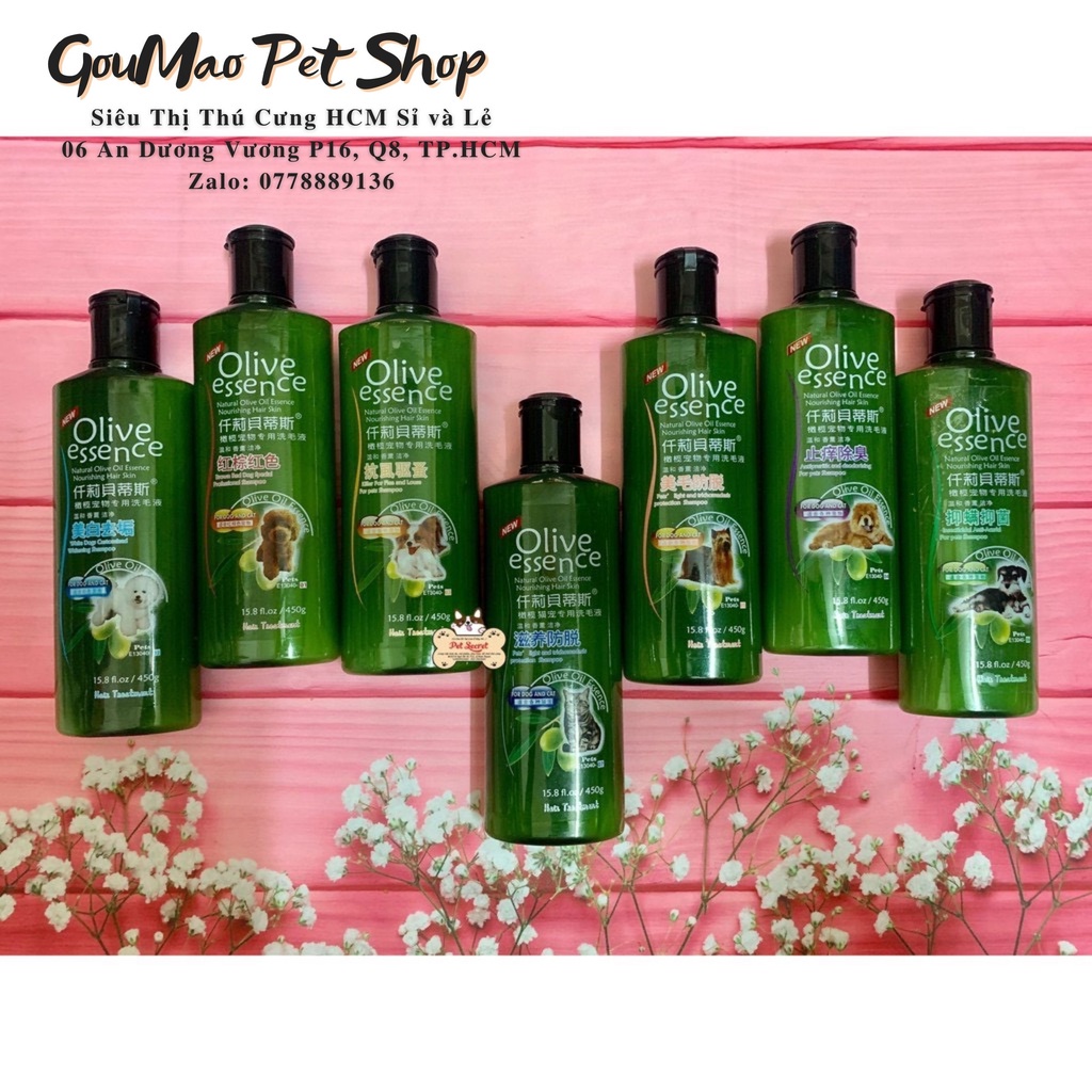 Sữa tắm cho chó mèo olive essence khử mùi dưỡng lông diệt ve rận 450ml - goumao