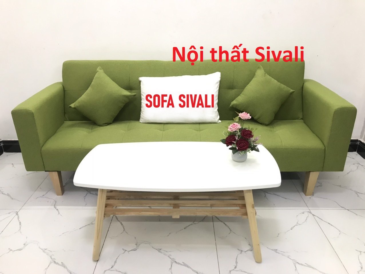 [HCM]Bàn ghế sofa mini nhỏ gọn ghế salon giường nằm phòng khách màu xanh lá vải bố giá rẻ dài 2m Nội thất Sivali HCM Tphcm Sài Gòn Hồ Chí Minh