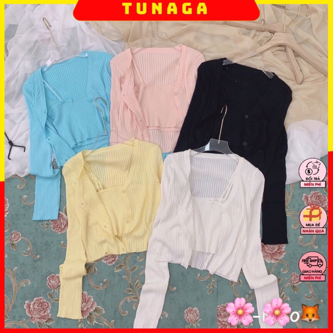 Set áo khoác cardigan len dệt kim tăm, set áo len nữ 2 dây và áo khoác ngoài cùng tone