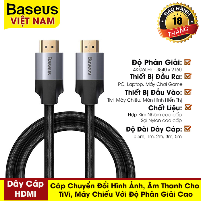Cáp chuyển đổi baseus HDMI 4K  Cáp HDMI 2.0 Cho PS4 Tivi Máy Chiếu Hình Ảnh Âm Thanh HDMI  Dây kỹ Thuật Số Bộ Chia Công Tắc 5M 3M