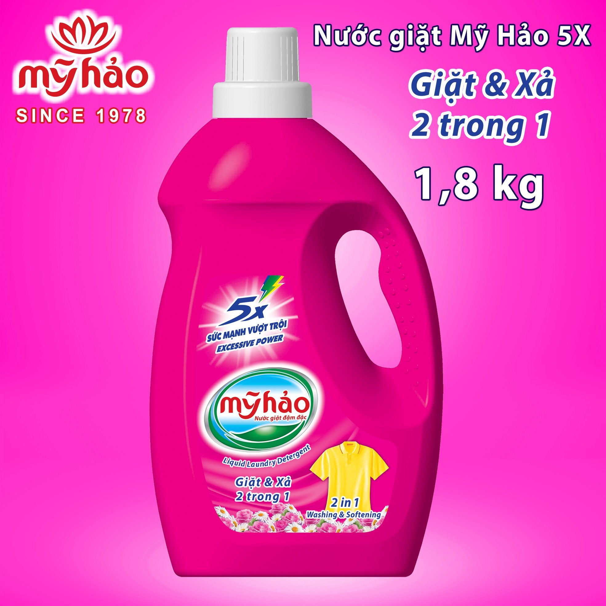 Nước giặt đậm đặc mỹ hảo 5x giặt xả 2 trong 1 chai 1,8 kg