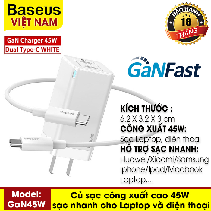[BẢO HÀNH 18 THÁNG] Bộ sạc nhanh USB 45W PD có sạc nhanh 4.0 3.0 Cổng USB {GAN mini quick charger C+C 45W EU} cho máy tính xách tay và điện thoại