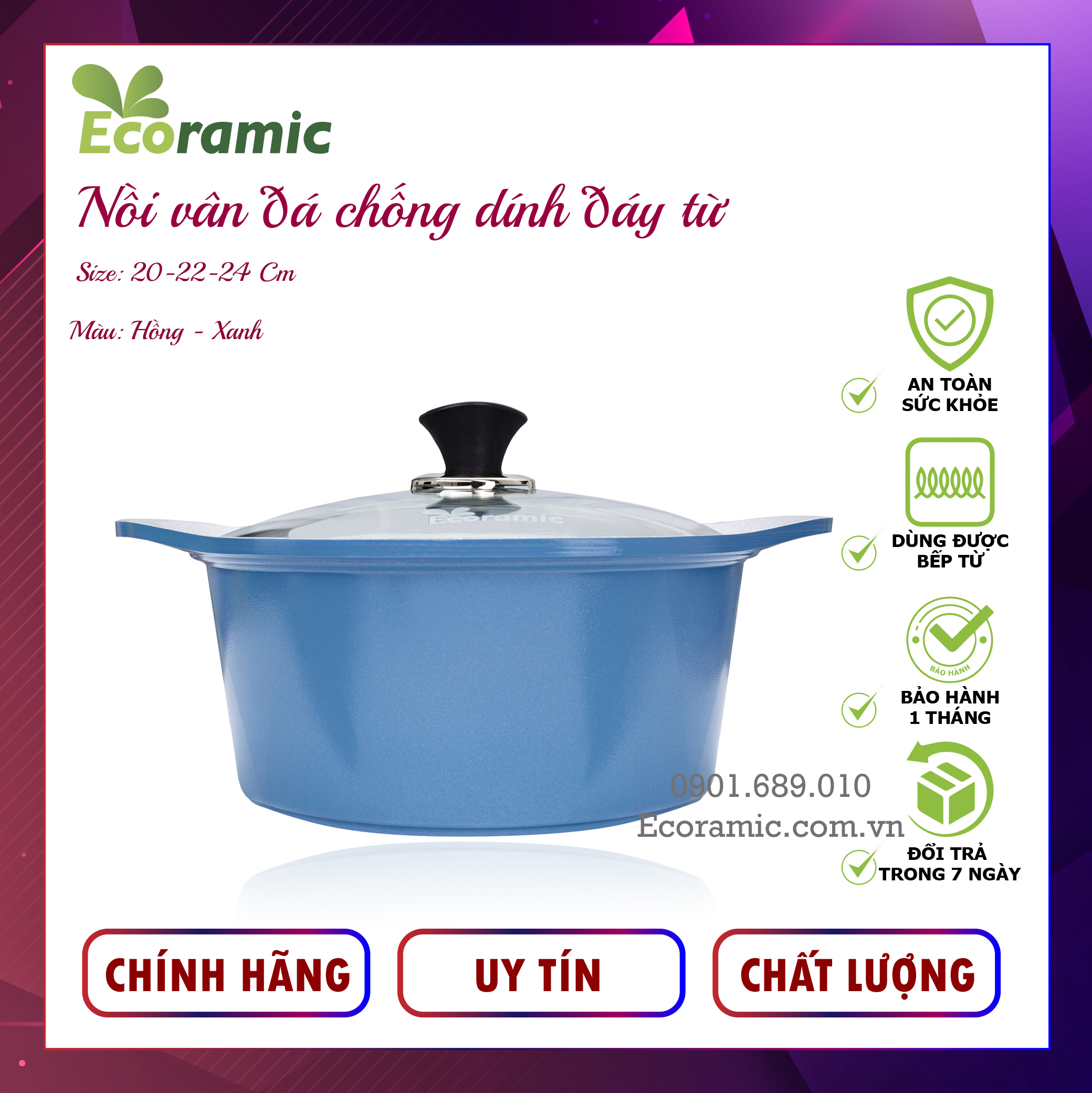 Nồi Vân Đá Đáy Từ Ecoramic Cao Cấp Chính Hãng, Không chì, không Cadimi, không PFOA, Chống Dính, Siêu Bền, Dùng được bếp từ , Bảo hành 2 tháng