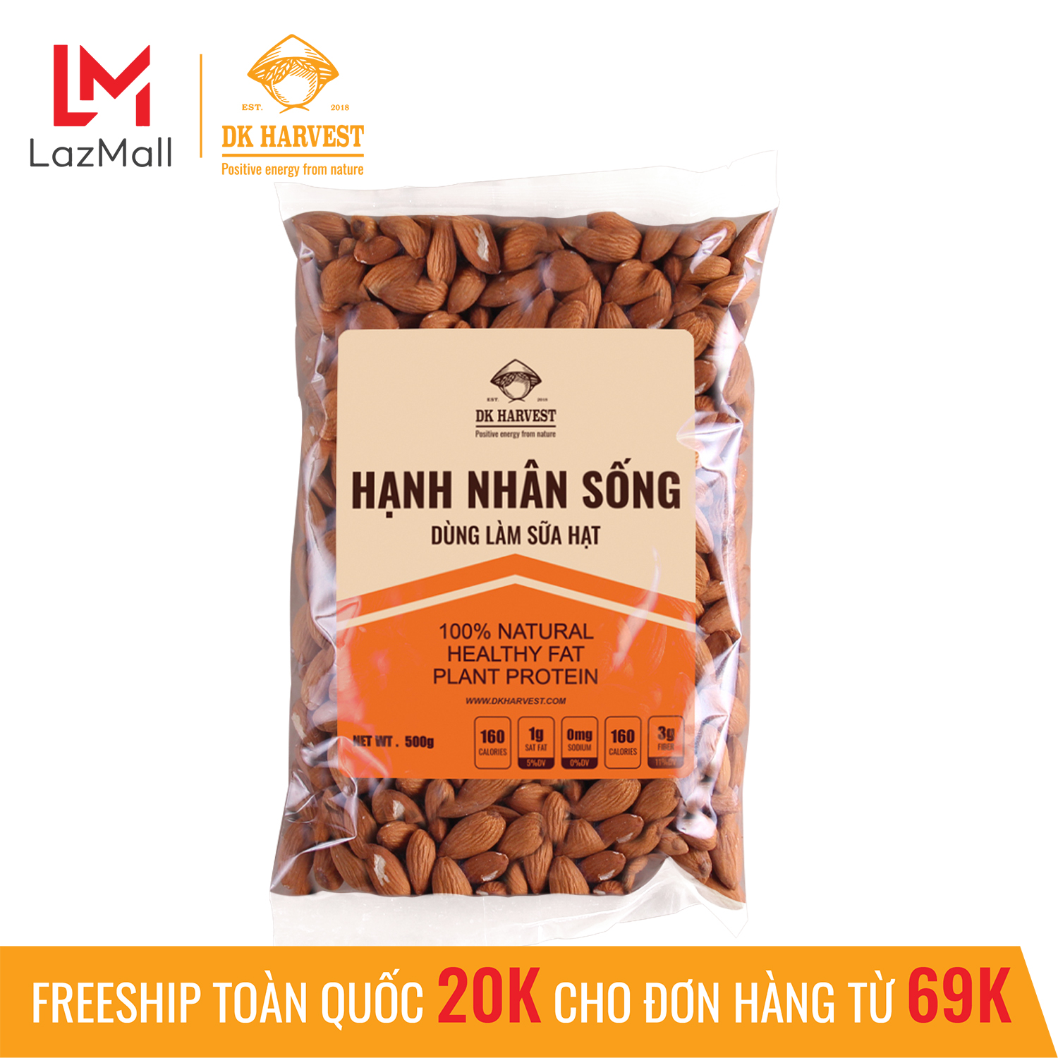 Hạt hạnh nhân Sống DK Harvest nhập khẩu USA - Túi 500g, hạt hạnh nhân dùng làm sữa hạnh nhân, làm đồ ăn vặt, giảm cân, hạt hạnh nhân nấu sữa