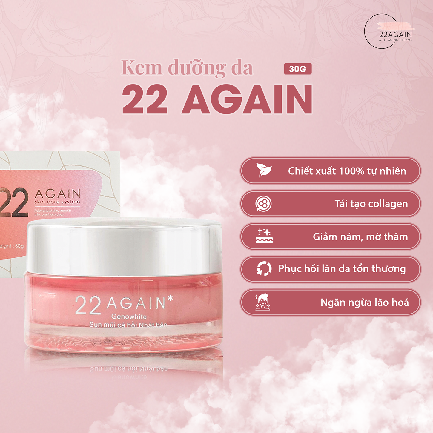 Kem dưỡng trắng da 22 Again mờ nám, phục hồi da 30g
