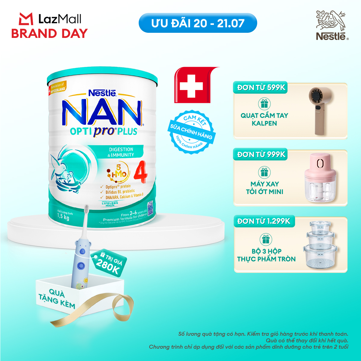 [CHỈ 20-21.07 QT ĐƠN 599K/999K/1299K][Tặng bàn chải điện] Sữa bột Nestlé NAN OPTIPRO PLUS 4 1500g/lon với 5HMO Giúp tiêu hóa tốt