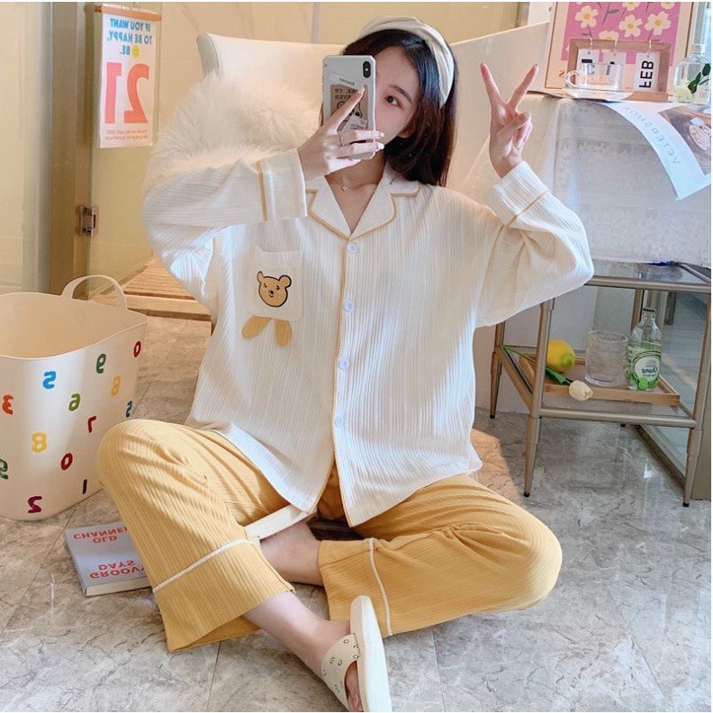 Bộ pijama nữ túi gấu dài tay 🦋 set ngủ nữ cổ sơ mi kèm quần 🦋
