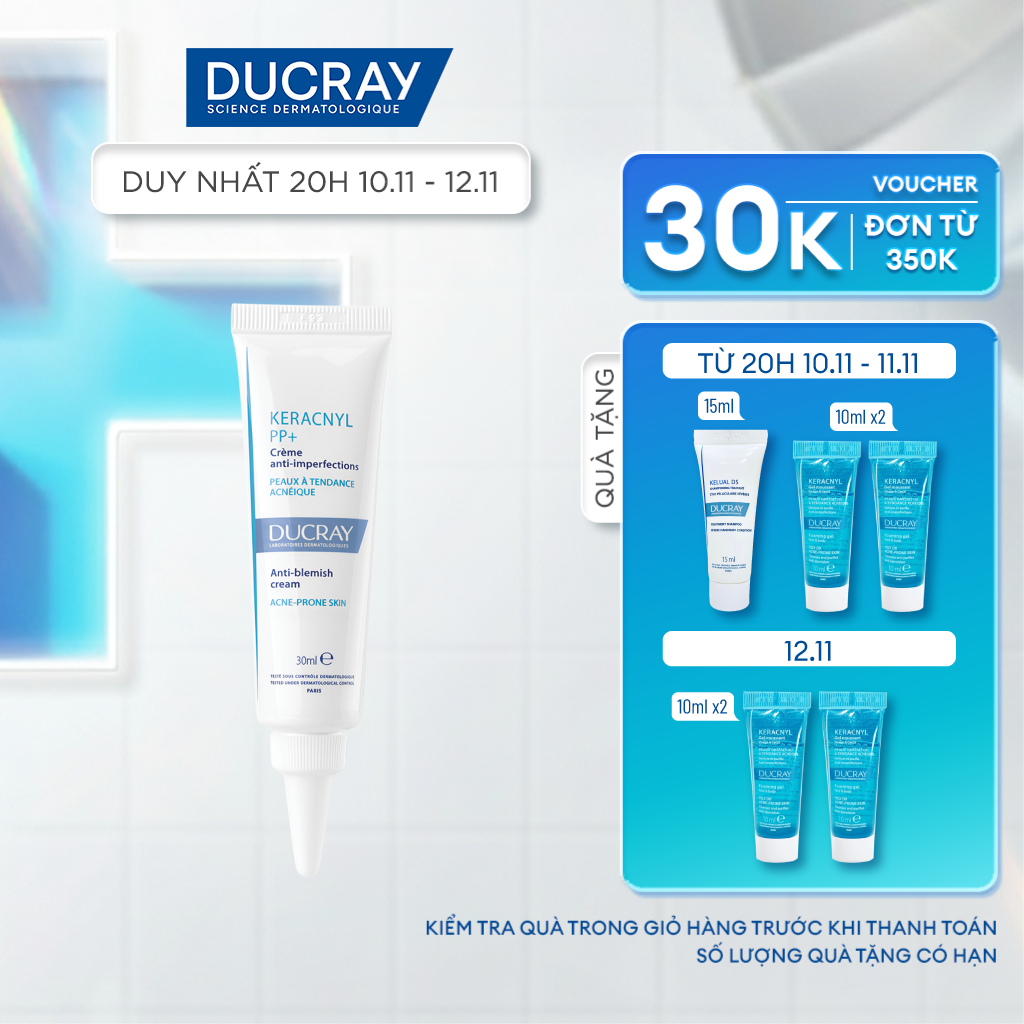 Kem ngừa mụn viêm & thâm chuyên biệt dành cho da nhờn tổn thương Ducray Keracnyl PP+ Anti-Blemish Cream 30ml