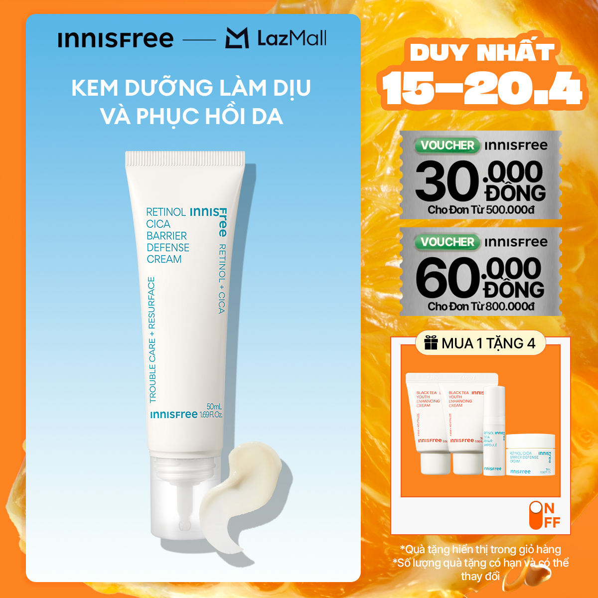 Kem dưỡng làm dịu và phục hồi da INNISFREE Retinol Cica Barrier Defense Cream